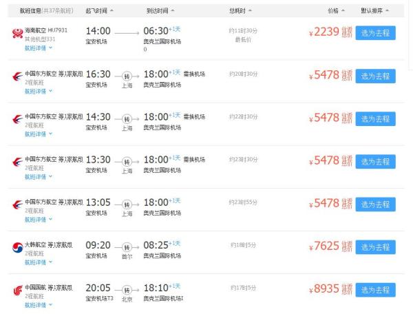 特价机票:海航深圳直飞新西兰 元旦班期好价 往