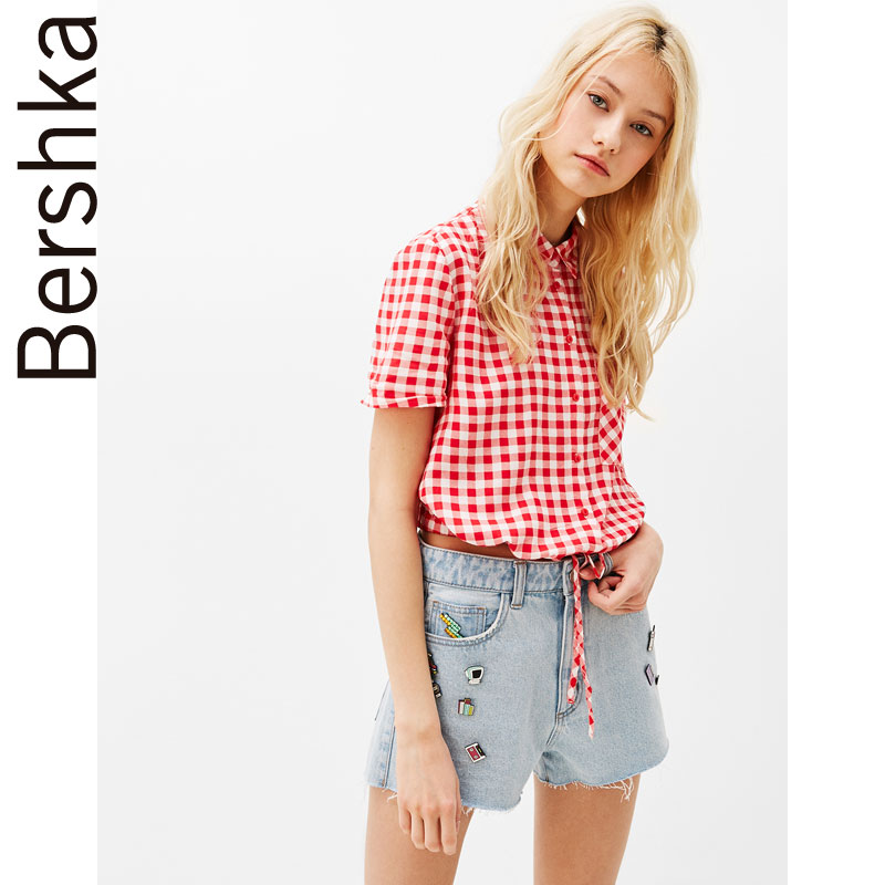 Bershka 女士 00857494600 2017新款打结露背短款红色格子衬衫